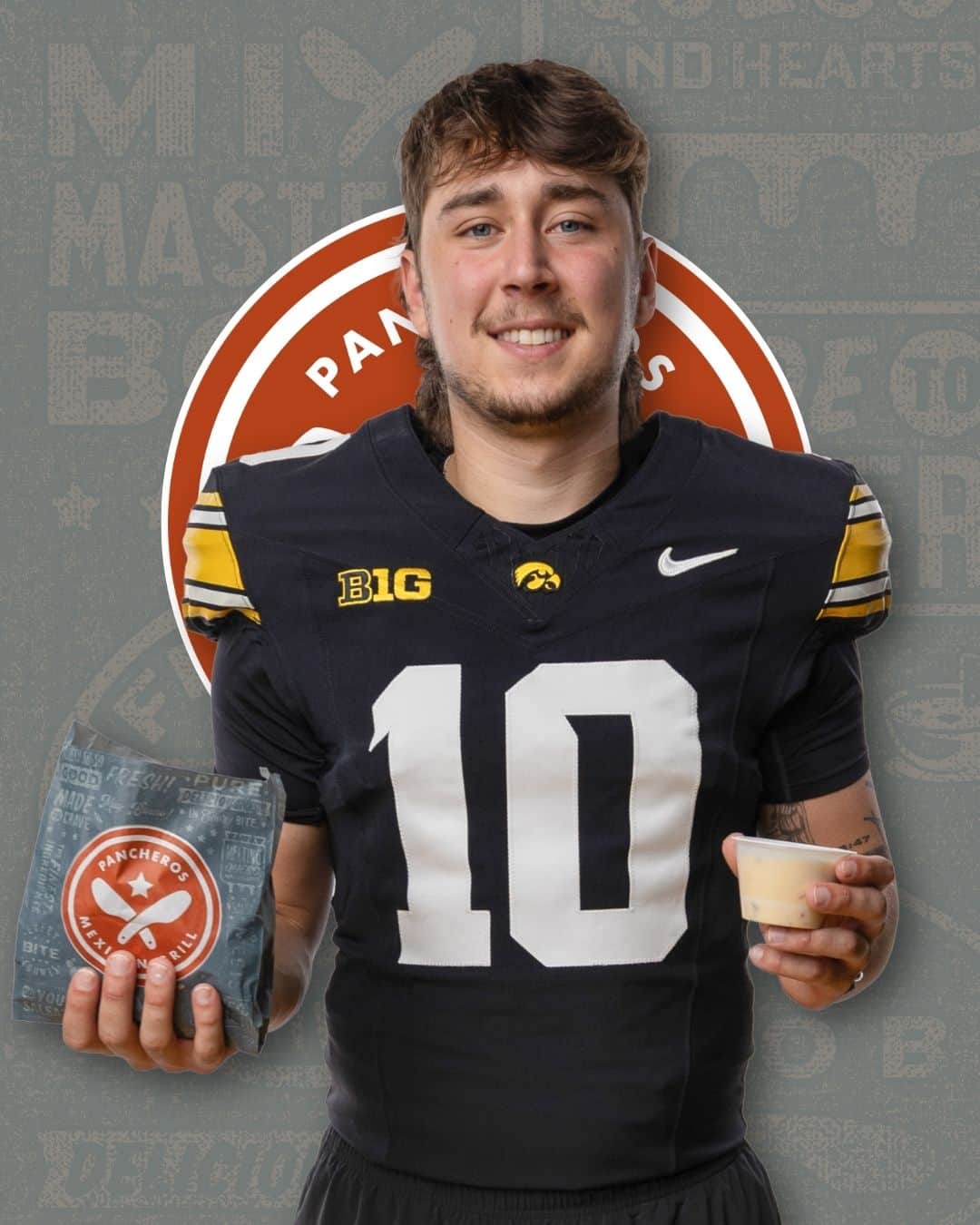 Pancheros NIL Partner, Jeremy Hecklinski, poses with chips and queso