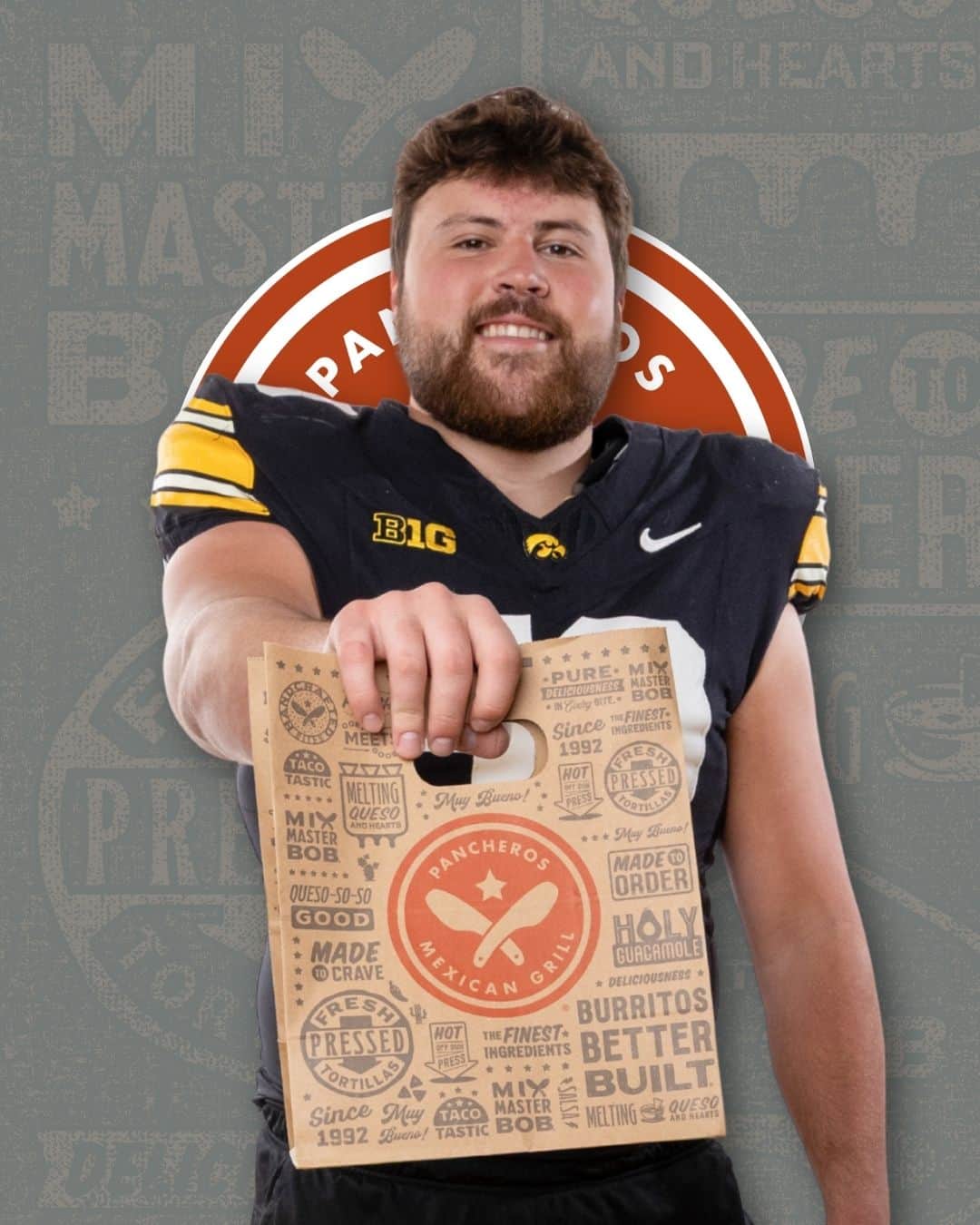 Pancheros NIL Partner, Trevor Lauck, poses with a to-go bag