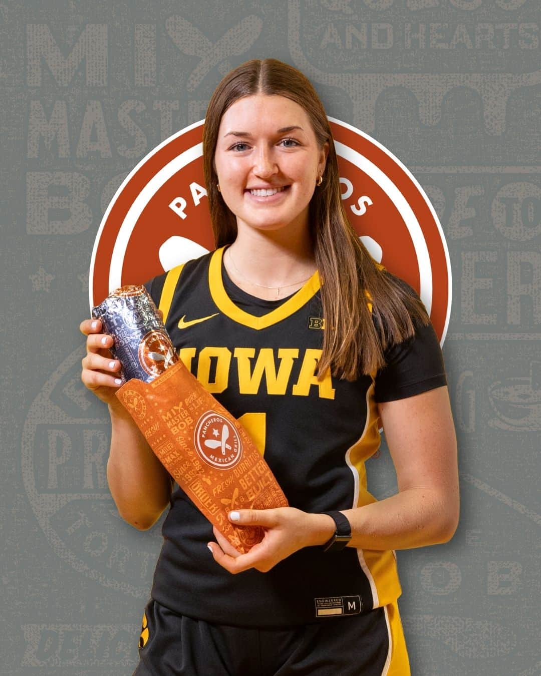Pancheros NIL Partner, Taylor Stremlow, poses with a burrito