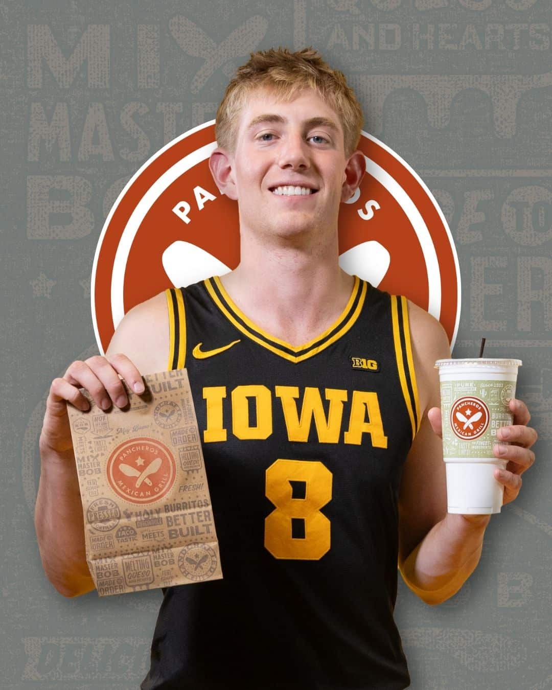 Pancheros NIL Partner, Cooper Koch, poses with a drink and to-go bag