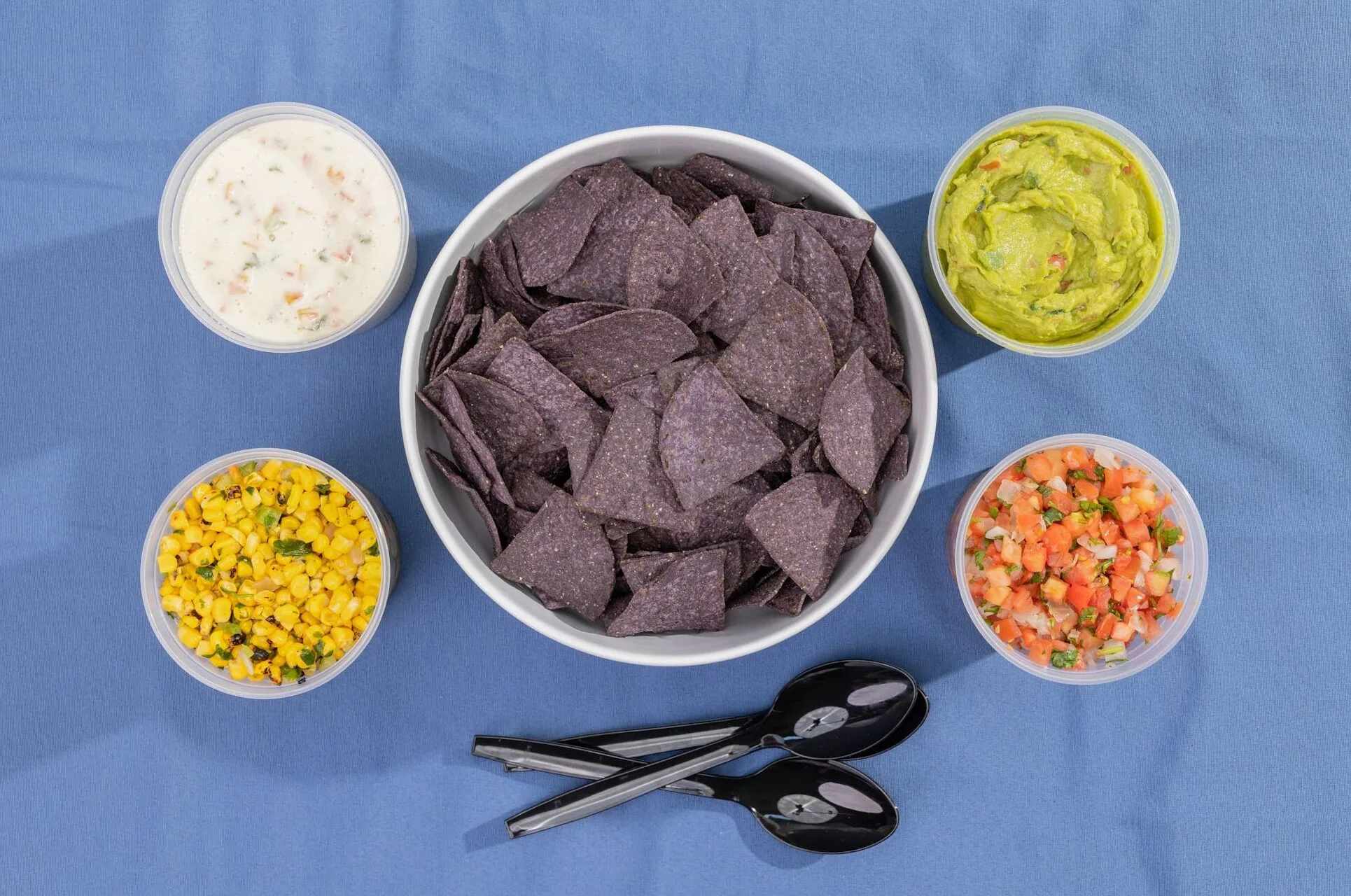 Pancheros blue corn tortilla chips with queso, guacamole, and salsas