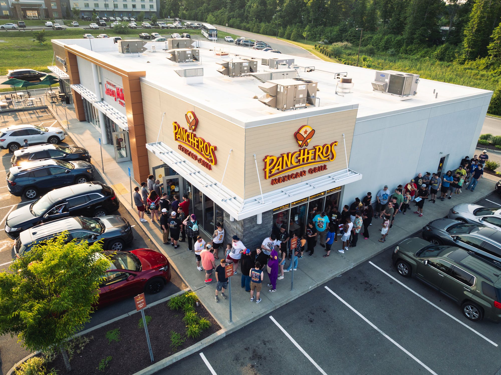Line of people wrapped around the Pancheros Somerset MA location