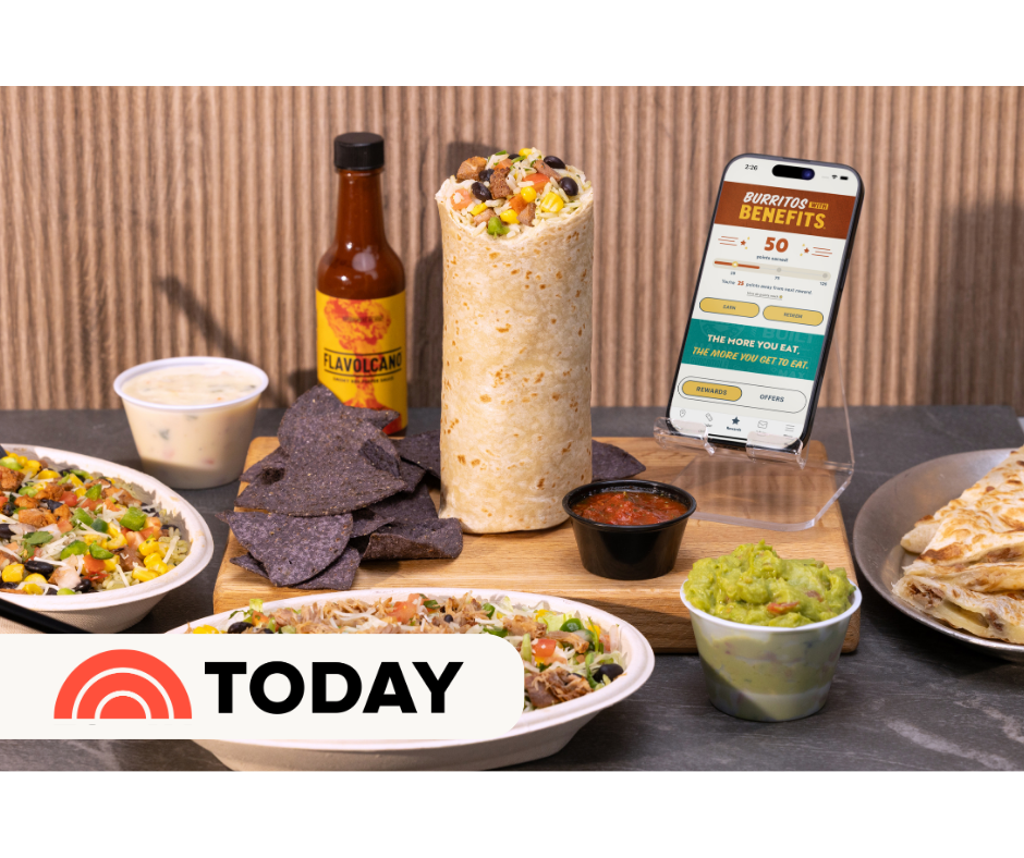 Burrito surrounded by a burrito bowl, hot sauce, guac, queso, chips, salad, quesadilla, and a phone